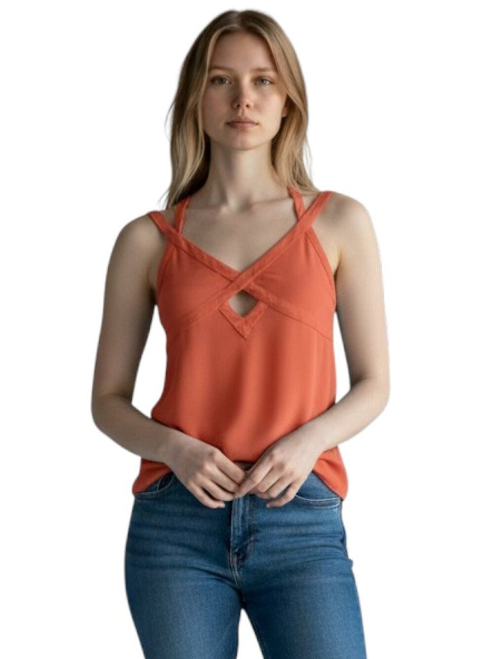 Ladakh Coral Criss Cross Cutout Strappy Tank Top Y Back V Neck Boho Size Small